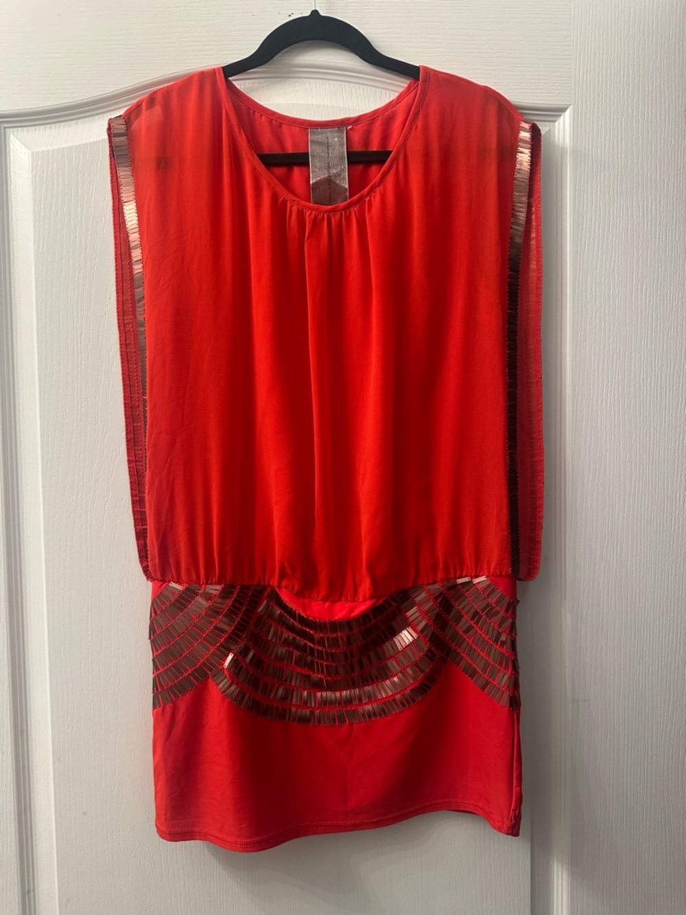 Moon Collection Red Sleeveless Blouson Mini Dress with Metallic Waist M